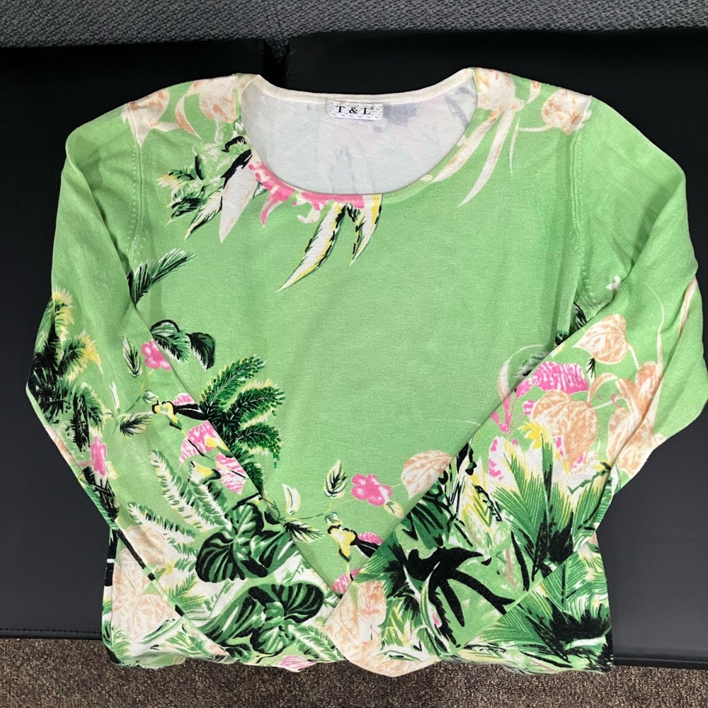 Tropical Green Floral Long Sleeve Knit Top